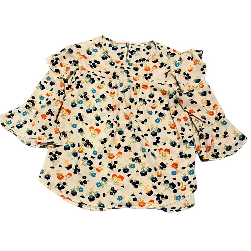 Pleione Cream‎ Blouse with Ruffled Sleeves and Floral Print Size S